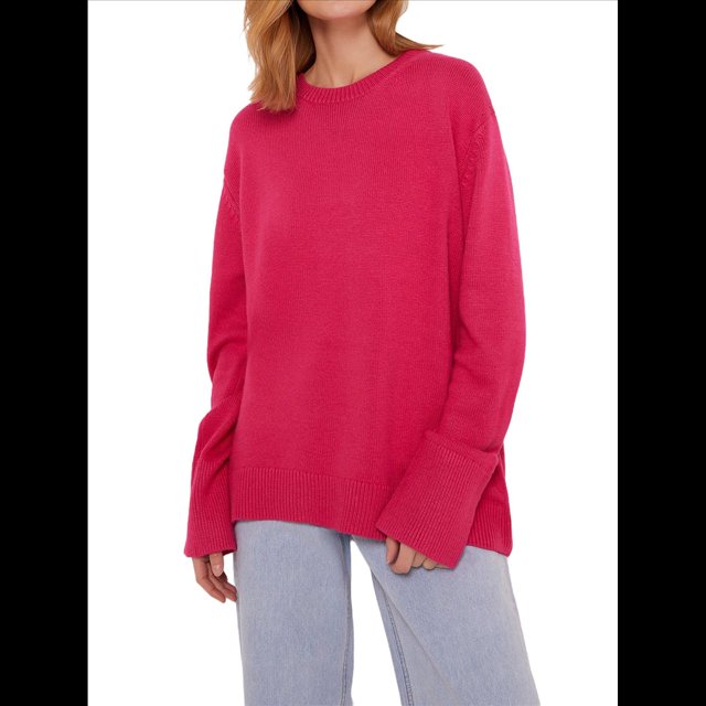 Suéter de Punto de Larga para Mujer, Jersey de Cuello Redondo, Suéter Informal Holgado. Rosa Roja Talla Única