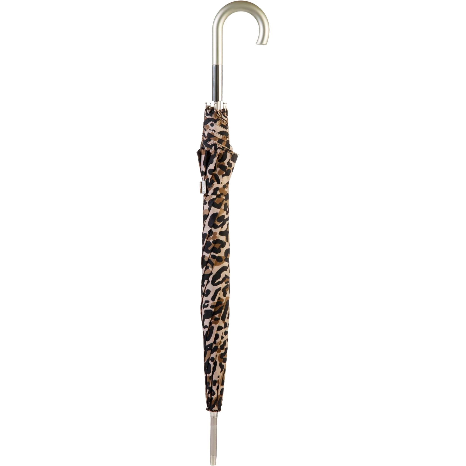totes Large Eco Auto-Open Stick Umbrella with a Classic J Hook Curved Handle, Tonal Tan Leopard, 46"