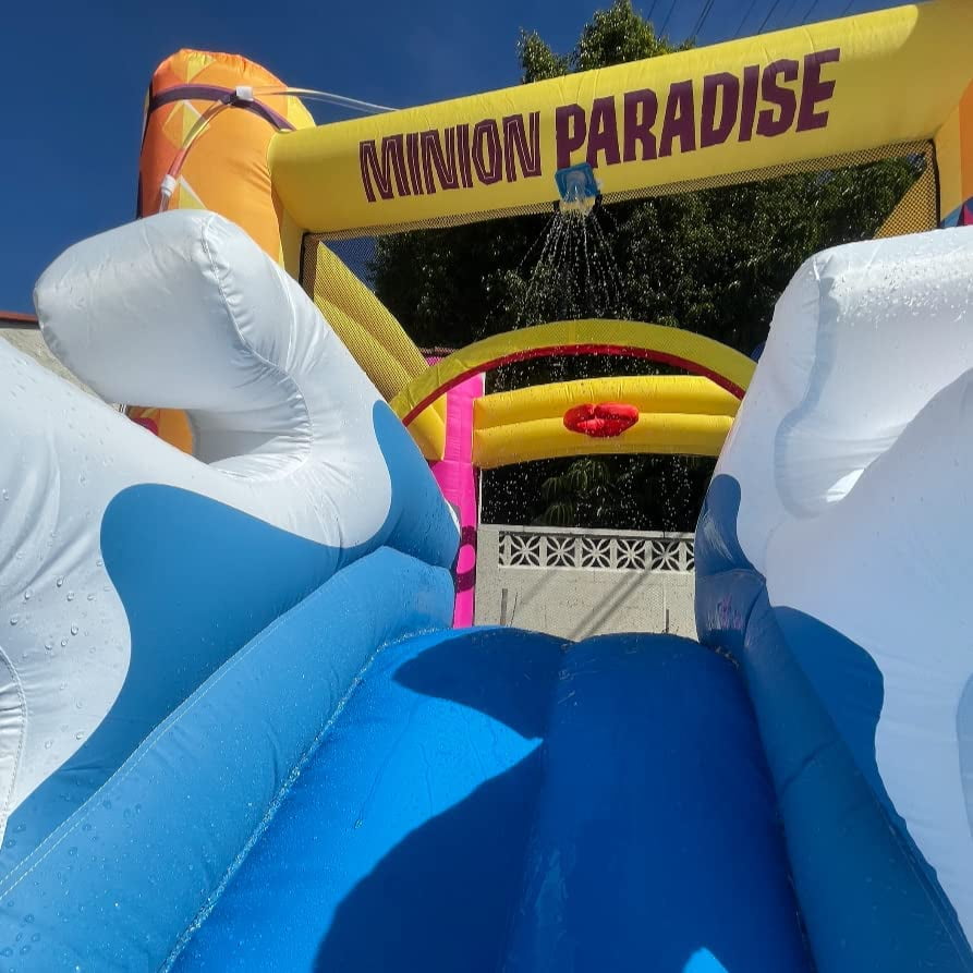 Funormous Minions Bounce House with Slide, Ball Pit & Water Cannon – Indoor/Outdoor Tropical Inflatable with GFCI Air Blower for Kids Ages 3–8