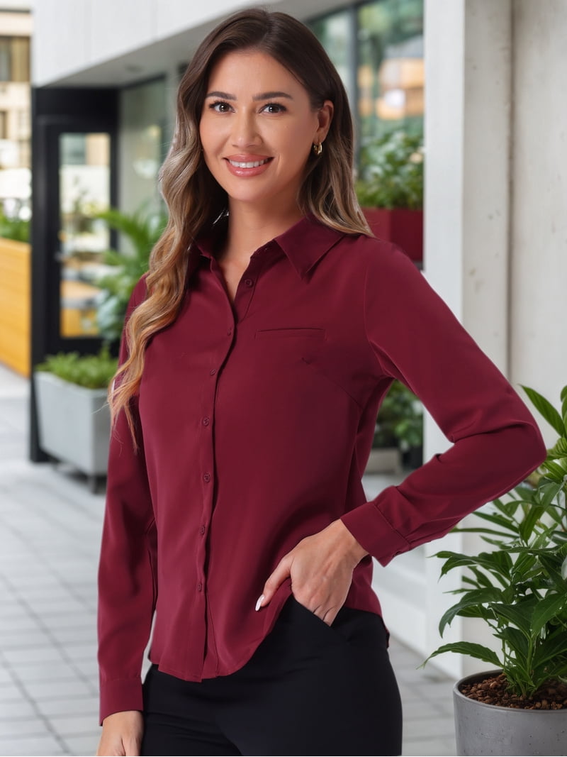 burgundy dress shirt women DARING DIVA Women's Color Block Button Down Long Sleeve Work XS Beige thigh split 170 Best Purple Bridesmaid Size:child-12 ounce 55/45 cotton/poly blend
