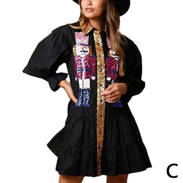 Vestido de otoño-invierno europeo y americano con solapa, lentejuelas y manga larga en contraste para mujer