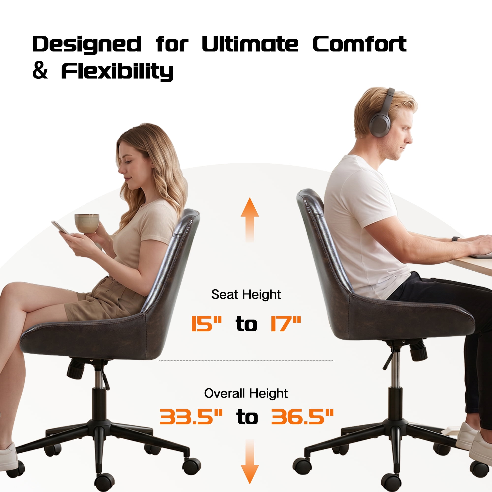 Faux Leather Home Office Task Chair, Armless Office Chair With Wheels, Swivel Adjustable Seat Height Desk Chair with Rocking Function for Living Room or Study, Black Brown
