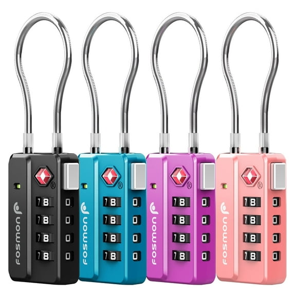 Fosmon 4 Pack TSA Lock, 4 Digit Combination Cable TSA Luggage Lock, TSA Approved Lock for Suitcase Locker, Metallic Black, Blue, Purple and Pink