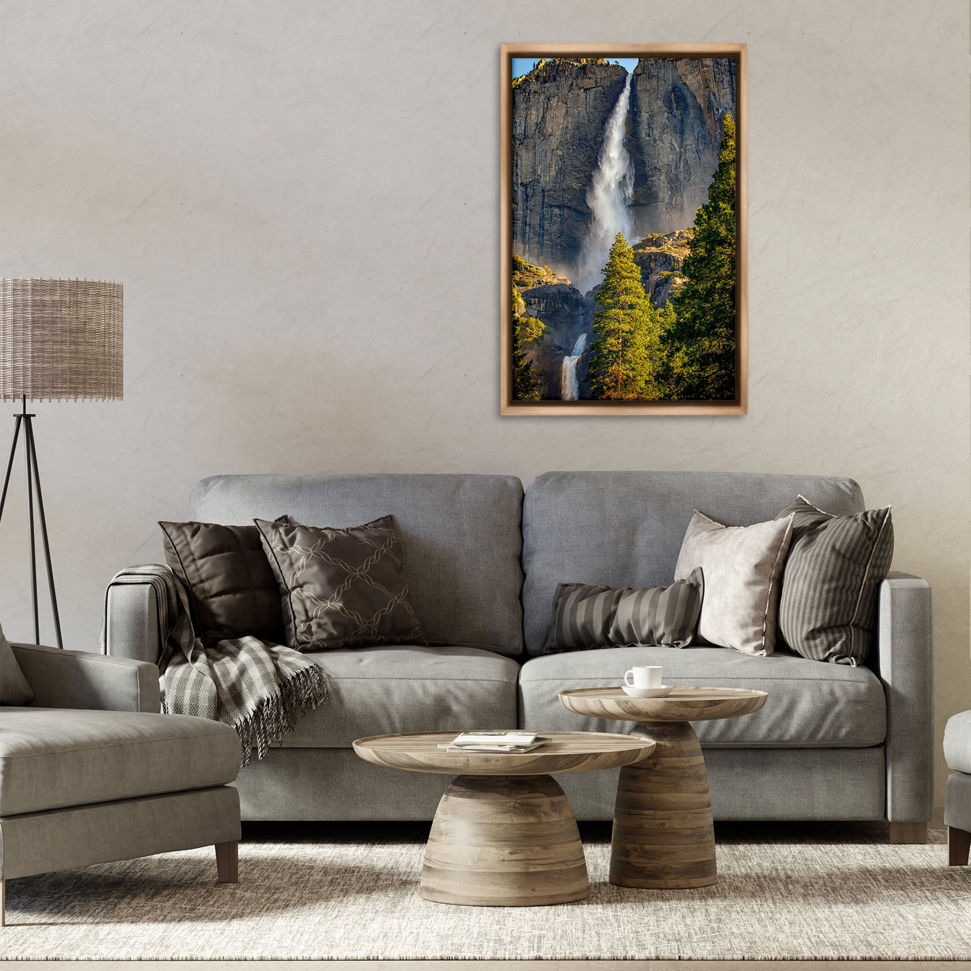 Stupell Industries Waterfall Between Cliffs Landscape & Nature Photography Brown Floater Framed Canvas Art Print Wall Art, 21 x 31
