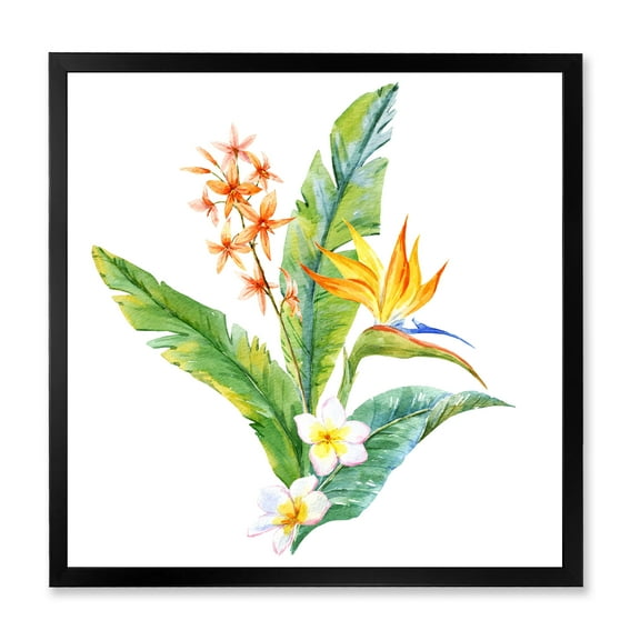 Designart 'Green Leaves With Tropical Yellow Flowers I' Traditional Framed Art Print