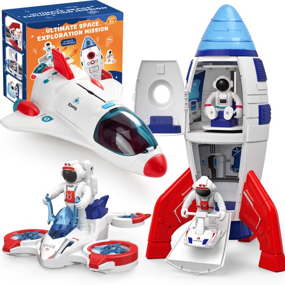 AuntyFey Space Rocket Toy Set for Kids, Astronaut Toys with Rocket, Shuttle, Space Drone & Astronaut Figurines