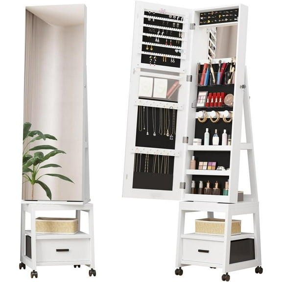 Homhougo 360° Swivel Jewelry Armoire with Storage Shelf & Drawer, 66" H Full-Length Mirror Jewelry Cabinet, Floor Standing Jewelry Organizer Cabinet with Wheels, White