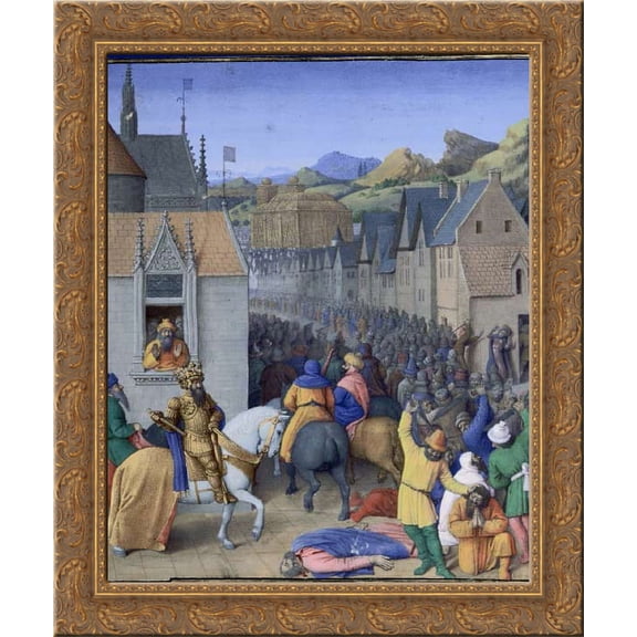 Capture of Jerusalem by Ptolemy Soter 24x20 Gold Ornate Wood Framed Canvas Art by Jean Fouquet