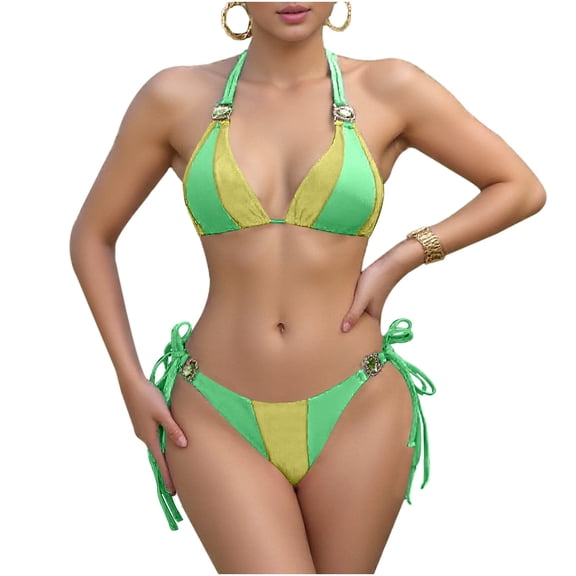 LOPECY-Sta Swimsuits for Curvy Women 2 Piece Bikinis Spaghetti Strap Swimsuits Solid Color Bathing Swimwear Triangle Bathing Suit