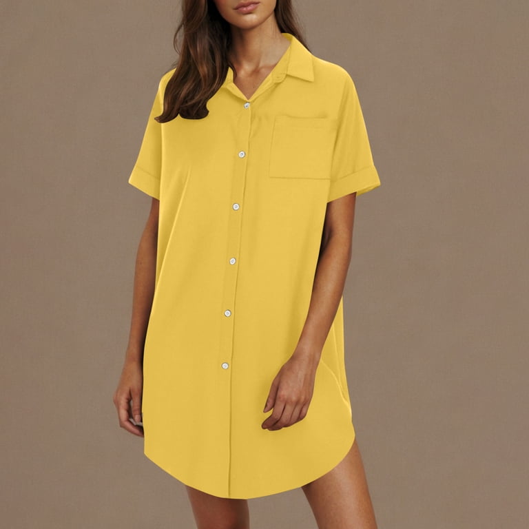 Lovskoo Womens Button Down Shirt Dress Summer Cotton Linen Dress Solid Color Mini Dress Casual Short Sleeve Loose Tunic Dresses Yellow, Women's, Size: Lovskoo Womens Button Down Shirt Dress Summer Cotton Linen Dress Solid Color Mini Dress Casual Short Sleeve Loose Tunic Dresses Yellow, Women's, Size: