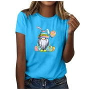 JURANMO Cute Teen Girls Graphic Tees Easter Gnomes Print T-shirts for Women Short Sleeve Crewneck Tee Tops Deals of the Day Q-Blue XXL