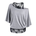 thumbnail image 1 of Hauts d'Été Grande Taille pour Femmes Col Rond en Dentelle Patchwork Ample Manches 3/4 Blouse Chemise en Solde, 1 of 3