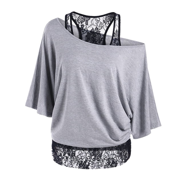 Hauts d'Été Grande Taille pour Femmes Col Rond en Dentelle Patchwork Ample Manches 3/4 Blouse Chemise en Solde