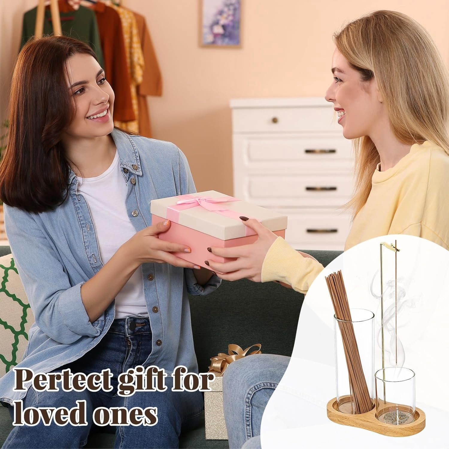 ABCISI 2-in-1 Glass Incense Holder with Ash Collector and Incense Stick Storage Upside Down Hanging Incense Holder,Anti-Splashing Design,Perfect for Meditation, Yoga, Spa, and Home Decoration,Natural