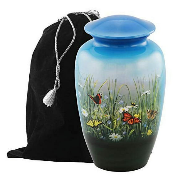 Aesthetic Painted Cremation Urn - Affordable Metal Urn - Hand Painted Solid Metal Urn for Ashes, Adult Cremation Urn with Free Velvet Bag (Butterfly)