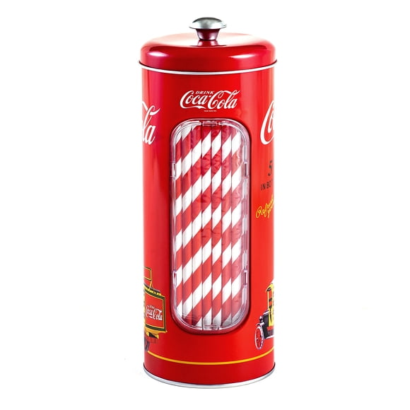 Lata The Tin Box Company para pajitas de Coca-Cola con 20 pajitas de papel en el interior, 3-3/8 x 8-1/4 pulgadas de alto, rojo y blanco (771517-12), ideal para pajitas de 8 pulgadas o menos