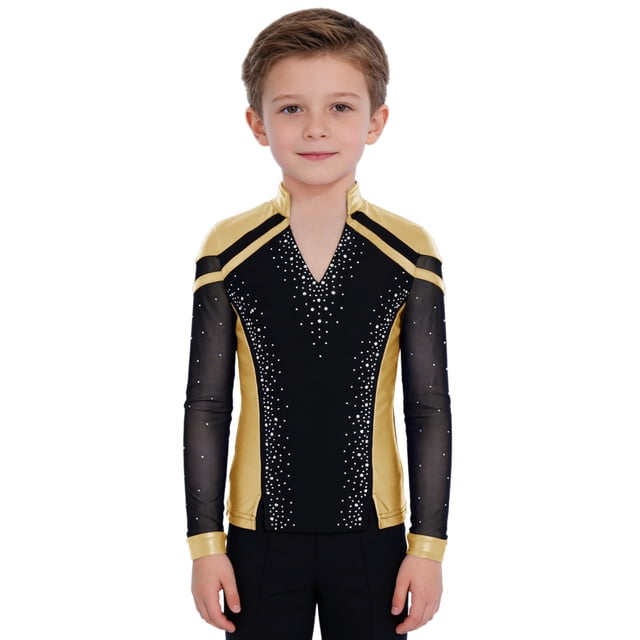 RUNQHUI Kids Boys Shiny Rhinestone Long Sleeve Figure Ice Skating Top Tees Performance Competition T-Shirts Gold 6