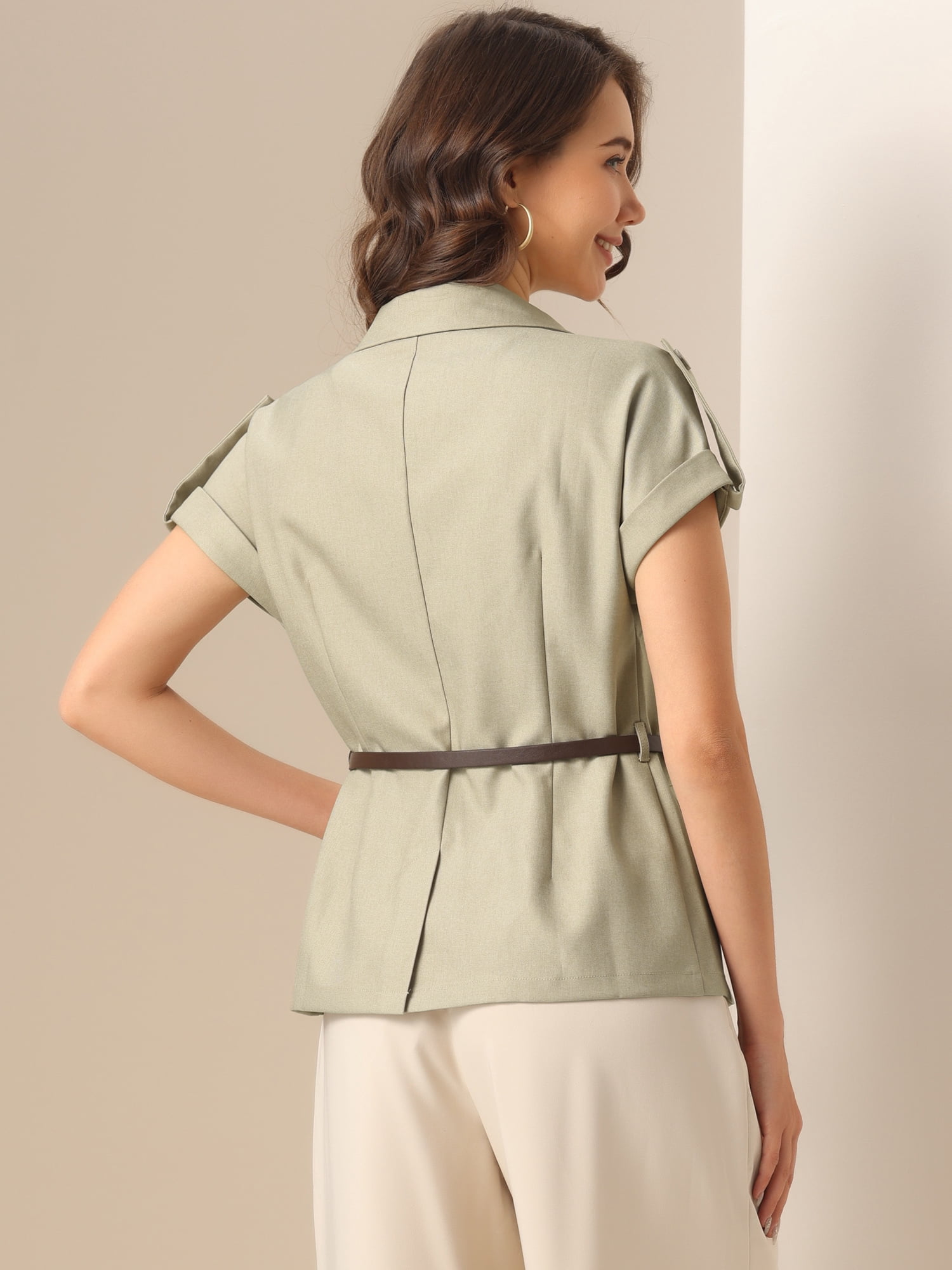 DARING DIVA Women's Short Sleeve Double Breasted Blazer Jacket L Light Brown
