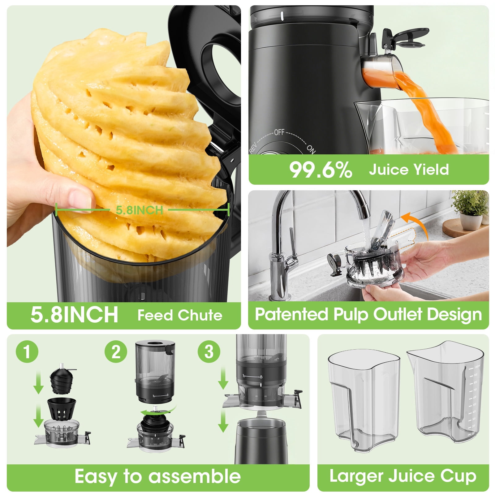 SMALLHOO Juicer Machines with 5.8" Extra Large Feed Chute Cold Press Juicer Fit Whole Fruits Vegetables Easy to Clean,BPA Free