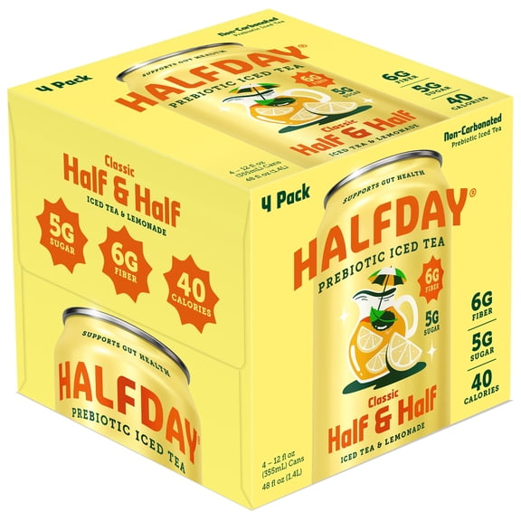 Halfday Prebiotic Classic Half & Half Iced Tea Drink, 6g Fiber, 12 oz, 4 Pack