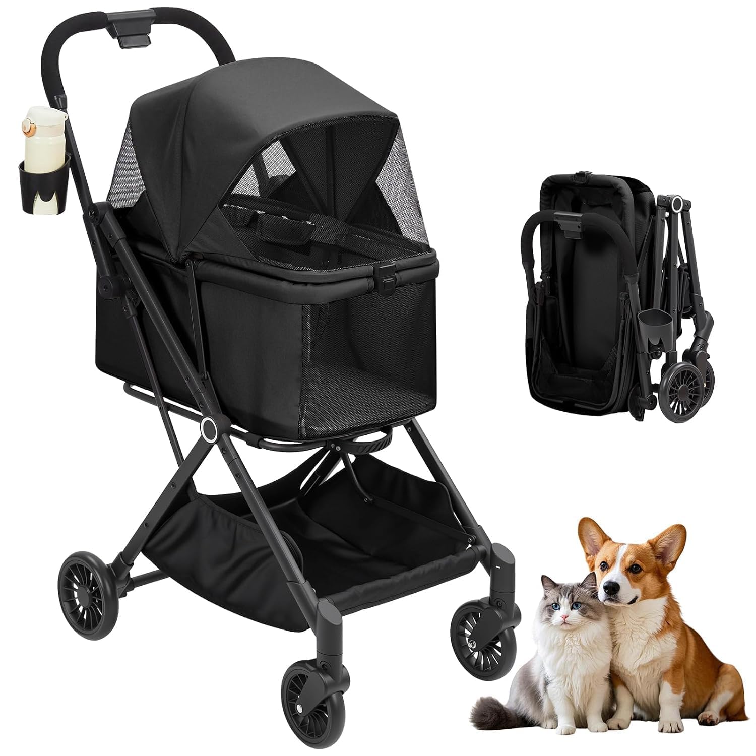 Historyli Dog Stroller-4-Wheel Lightweight Foldable Pet Stroller-50 LBS Capacity,360-Degree Swivel Front Wheels & Foot Brake,Portable Pet Carrier for Small Medium Dogs Cats Puppy