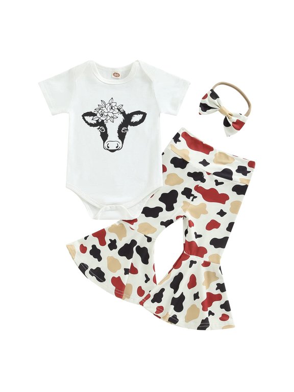 Toddler Baby Girl Cowhead Pattern Round Neck Short Sleeve Romper + Pants + Headband Clothes Spring Summer Infant Outfits