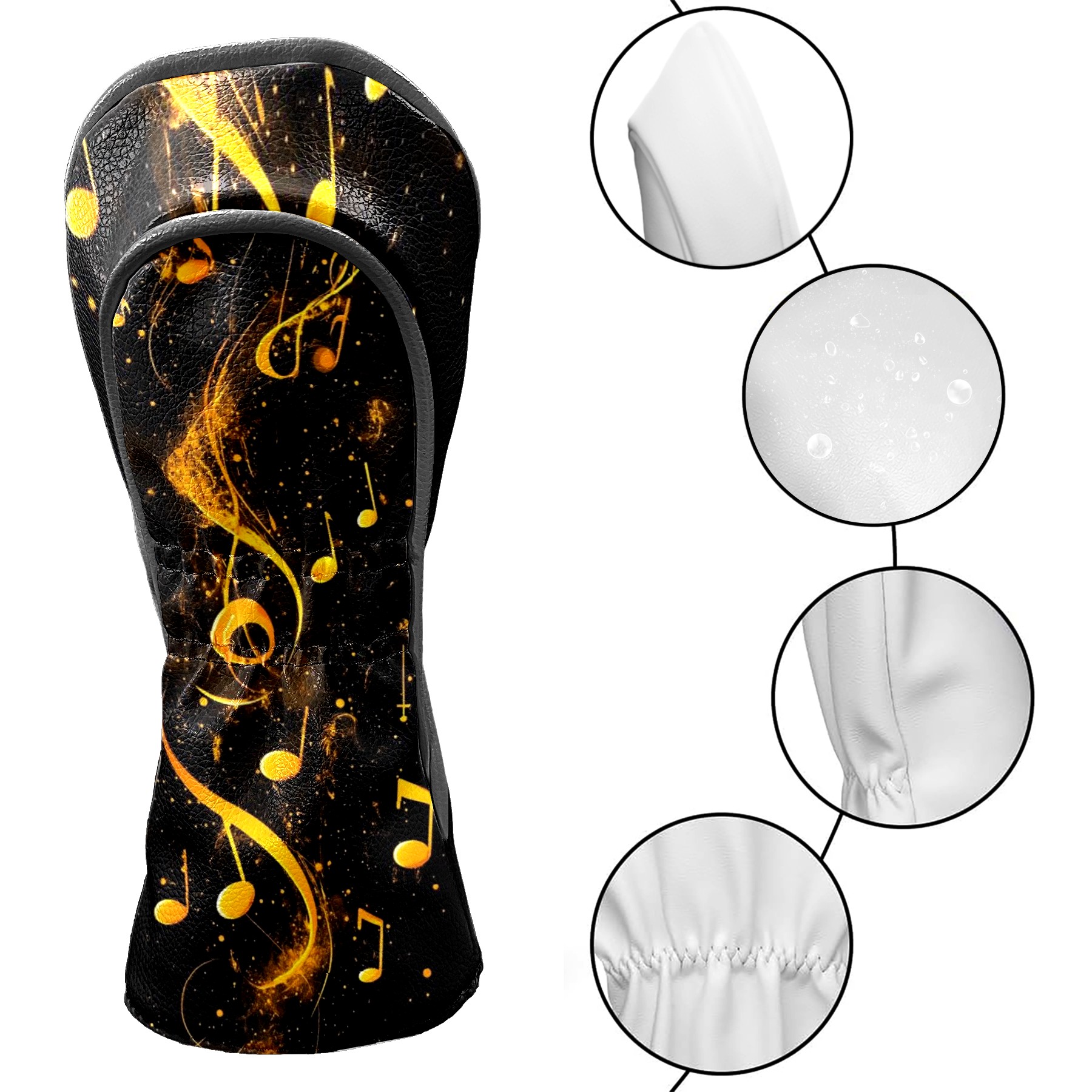 Golf Club Head Covers - Yellow Musical Note Pattern, PU Leather, Waterproof, Fits Fairway Woods/Hybrid, Unisex, Fits Most Brands