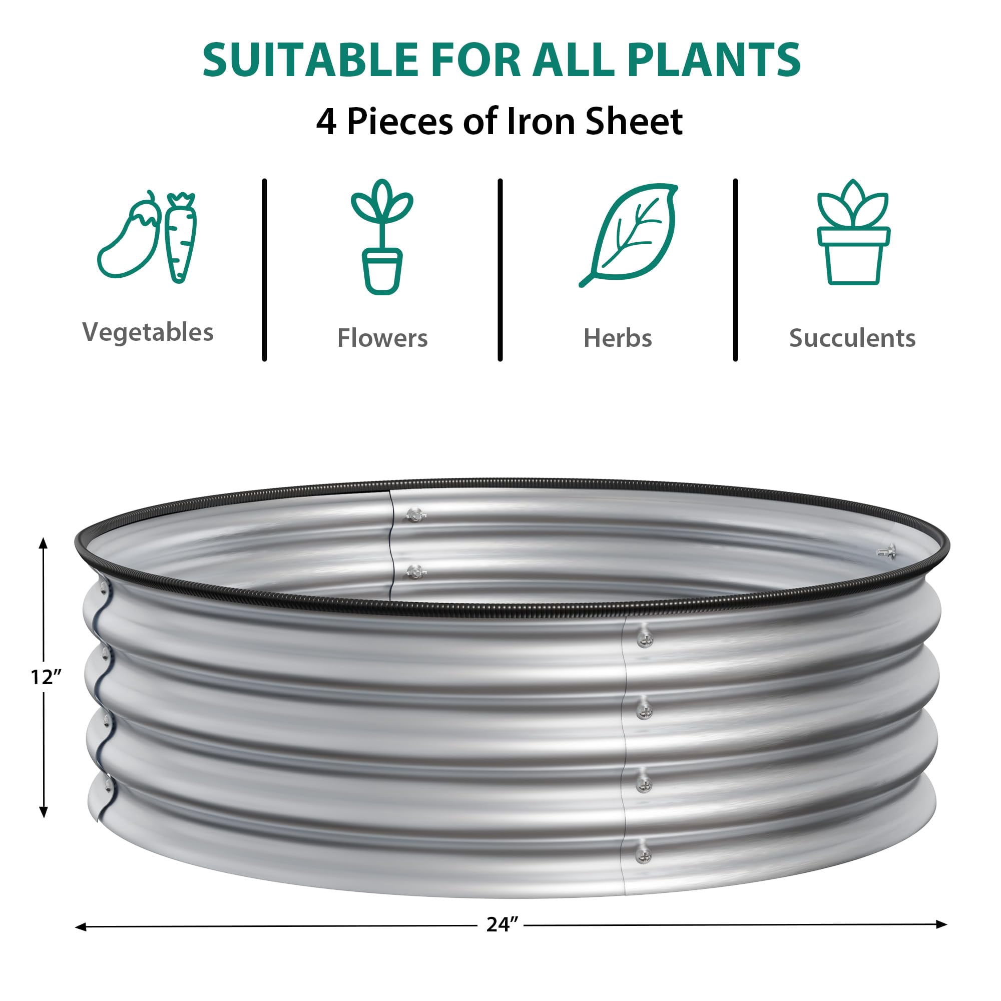 MAROUTE Rustproof Round Metal Raised Garden Bed – Open Bottom, Safety Edge, Easy Assembly, Silver, 2x1FT, 3 Pack