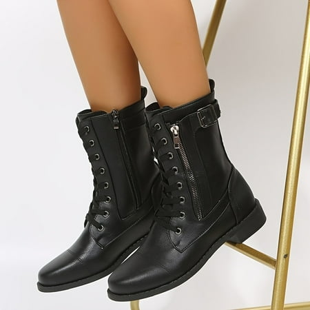 

Women‘s Zipper Side Mid-calf Boots Lace Up Flat Boots Women‘s Footwear
