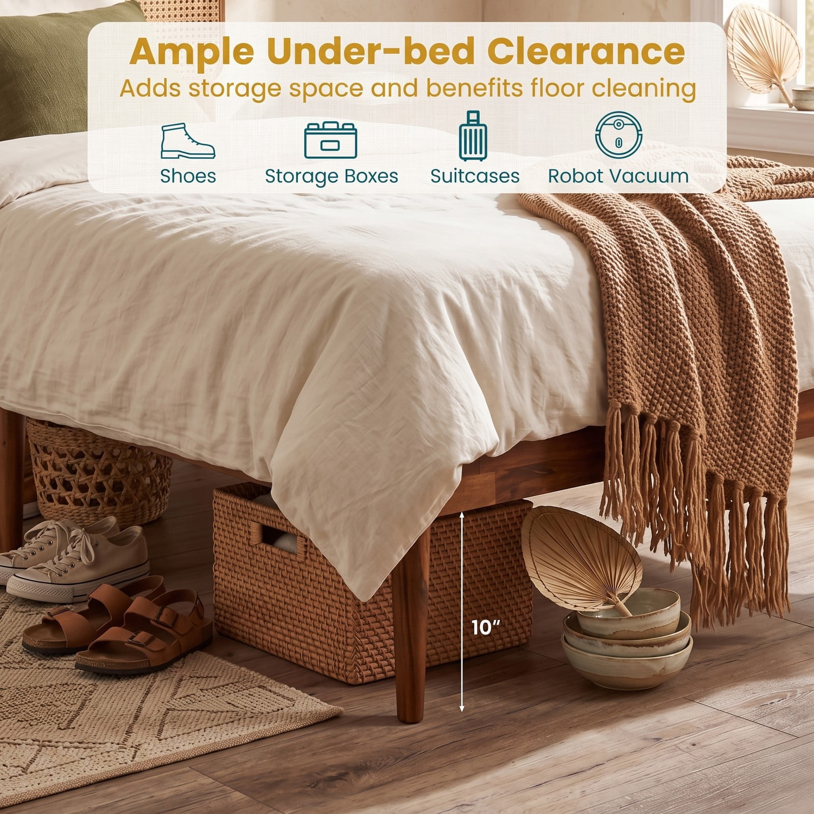 Furnibear Twin Bed Frame with Storage, Boho Rattan Wood Platform Bed with Acacia Wood Slat Support and Woven Headboard, No Box Spring Needed, Brown