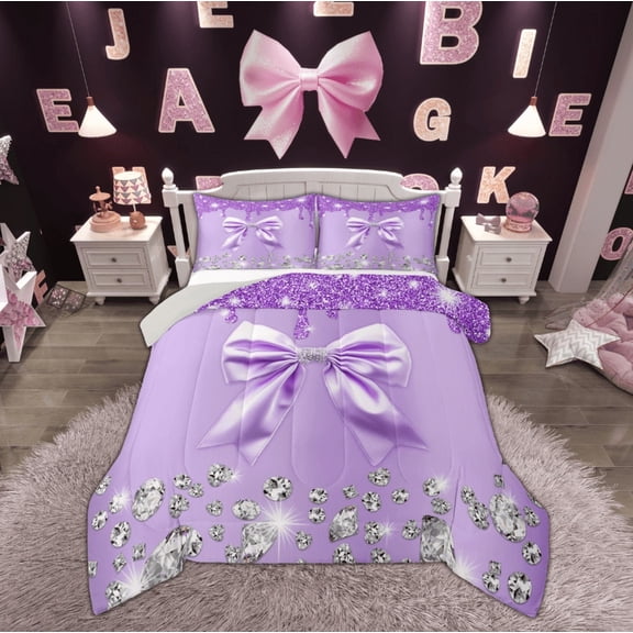 Manfei Princess Bow-tie Bedding Comforter Set, Bling Diamond Twin Comforter Sets, Purple Chic Ribbon Bedding Set, Breathable Bedroom Decor, 2 Piece