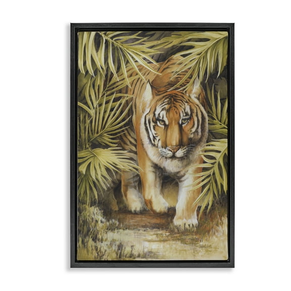 Stupell Industries Tiger Prowling Through Leaves Animals & Insects Painting Black Floater Framed Canvas Art Print Wall Art, 17 x 25