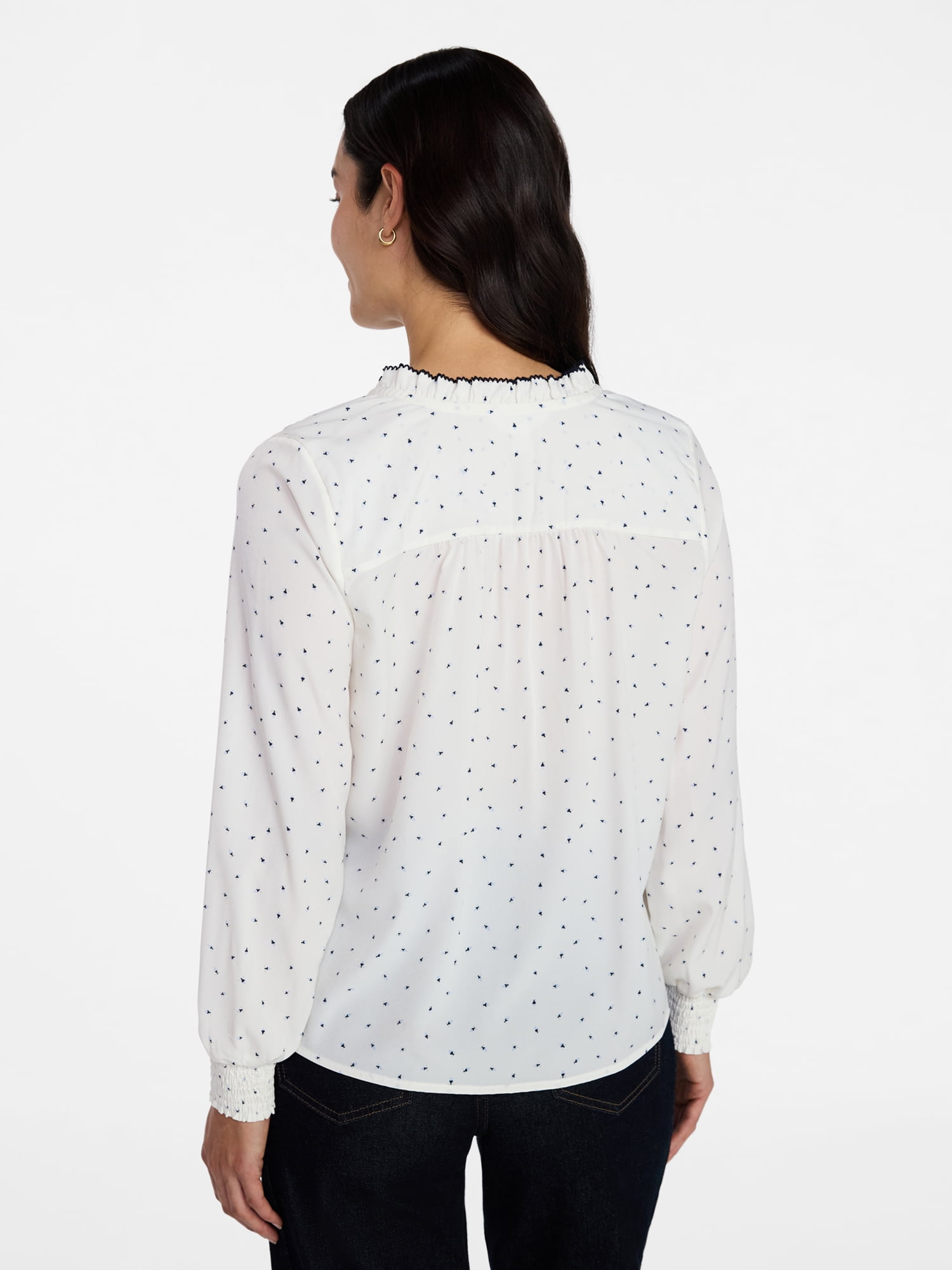 Time and Tru Women's Ruffle Button Down Blouse with Long Sleeves, Sizes XS-XXXL