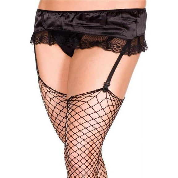 Music Legs Women's 7723Q-BLACK Plus Size Satin & Lace Garterbelt Skirt with Attached G-String, Black