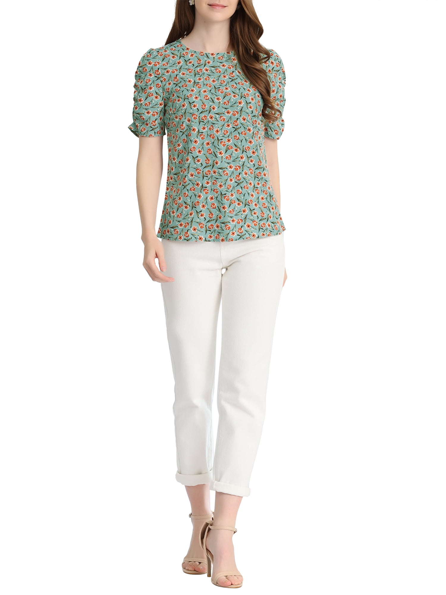 DARING DIVA Floral Crew Neck Shirred Short Sleeve Casual Top XL Teal