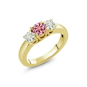 Gem Stone King 18K Yellow Gold Plated Silver 3-Stone Wedding Jewelry Bridal Ring Round Pink Created Moissanite and Forever Classic Created Moissanite 0.96cttw by Charles & Colvard