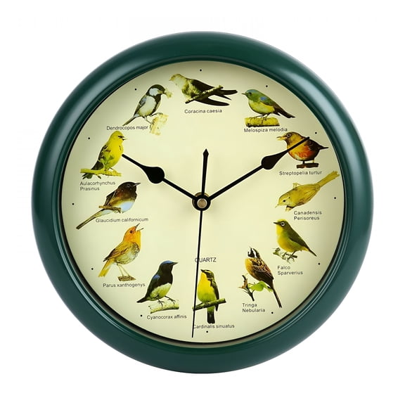DESIGNICE 2026 New Bird Clock 10'' Round Bird Clock That Sings on Hour,Sound with 12 Pattern Wall for Christmas Home Office Christmas Decor (Green)