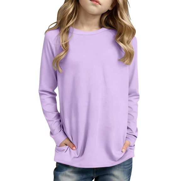 WOYY Girls Long Sleeve T-Shirt with Pocket Casual Solid Color Round Neck T Shirt, Sizes 4-14