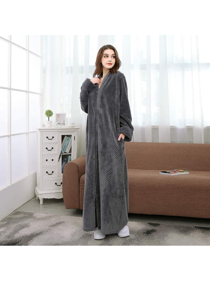 Ladies' Zip Fleece Waffle Long Dressing Gown Fluffy Towelling Bathrobe Sleepwear