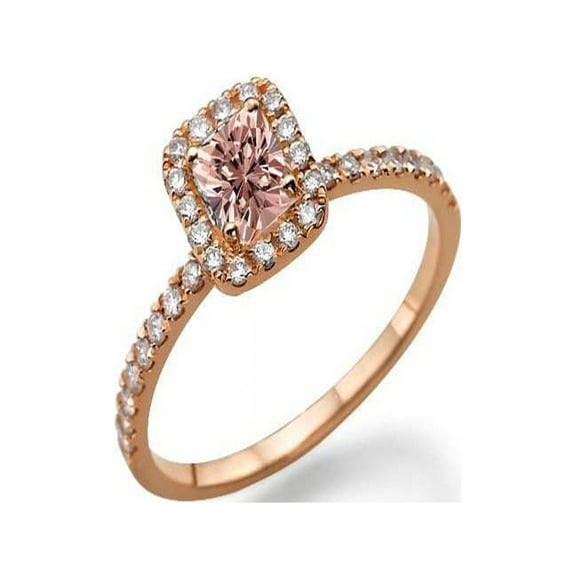 1.50 carat Emerald Cut Morganite and Diamond Halo Engagement Ring in 10k Rose Gold