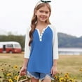 thumbnail image 6 of Cowsor Girl's Casual 3/4 Sleeve T Shirts Button V Neck Tunic Blouses Color Block Basic Tee Tops Loose Fit Summer Shirt, 6 of 6