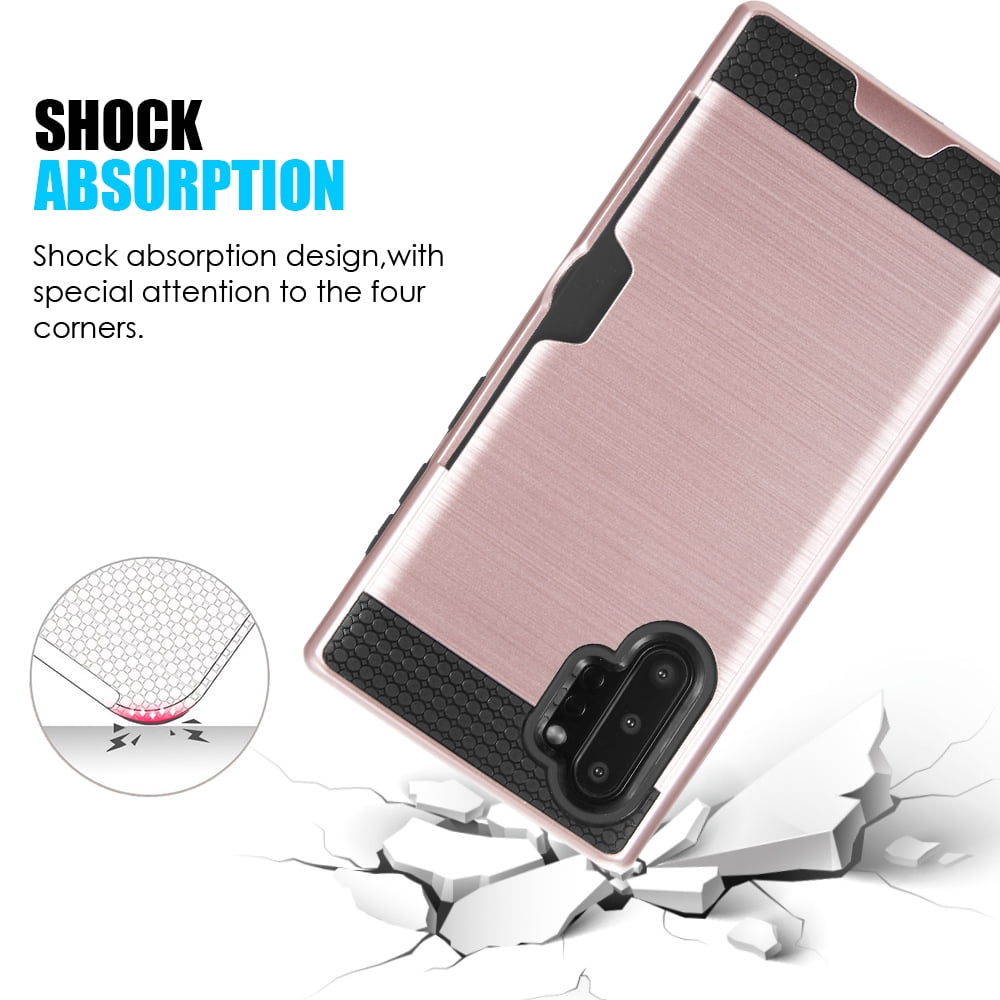 Rugged Hybrid Case Designed for Galaxy Note 10+/10+ 5G (2019) With Credit Card Slot And Rotating Ring Holder (Rose)