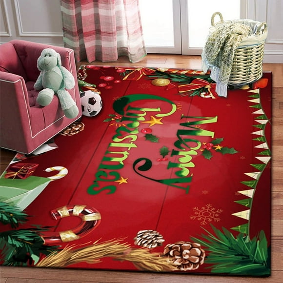 80*120cm Cheerful Cartoon Santa Claus and Elk Area Rug - Non-Slip Floor Mat for Merry Christmas in Bedrooms, Living Rooms, KitchenChristmas Red and Black Plaid Rug - Outdoor Front Door Decor Mat Cott