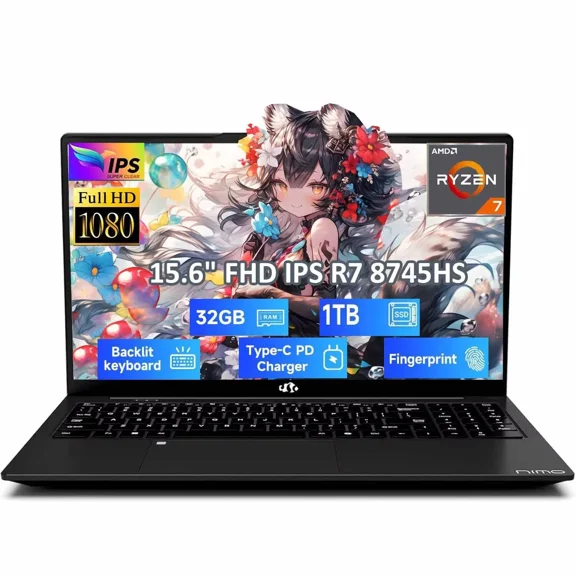 15.6" IPS FHD-Gaming-Laptop, AMD Ryzen 7 8745HS 32GB DDR5 RAM 1TB SSD (up to 4.9GHz) Radeon 780M Graphics Business Computer with 100W Type-C Backlit Keyboard, Fingerprint USB-C 4.0