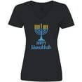 thumbnail image 3 of Inktastic Happy Hanukkah with Blue Menorah Women's V-Neck T-Shirt, 3 of 5