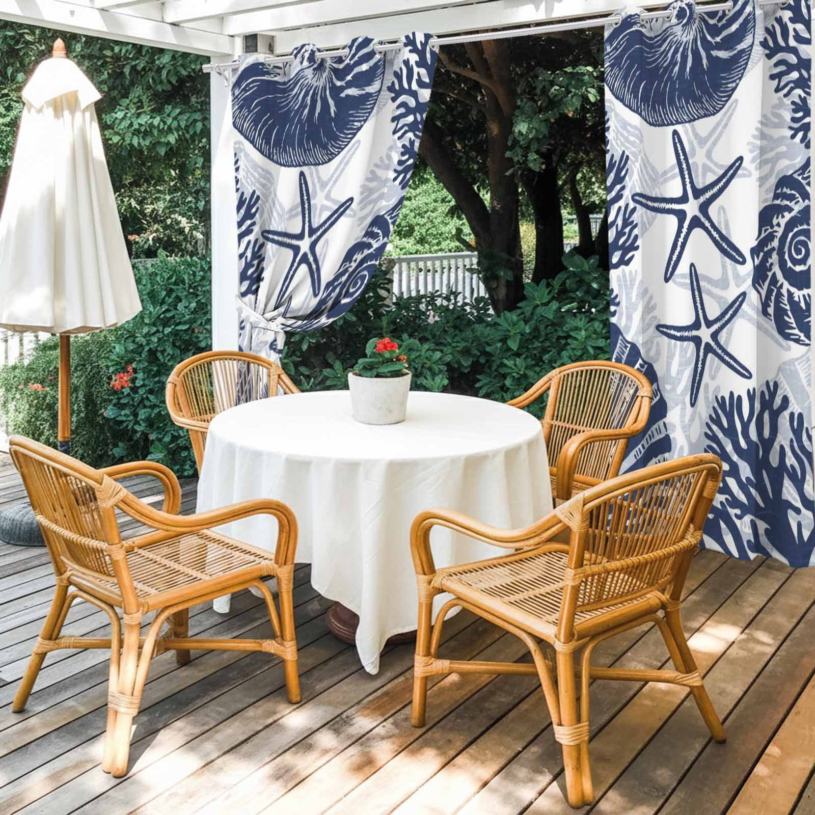 Navy Coastal Outdoor Curtains for Patio, Beach Starfish Nautical Coral Shell Summer Sunshade Privacy Drapes Grommet Waterproof Outside Curtains for Porch/Cabana/Balcony 54"x 108", 1 Panel