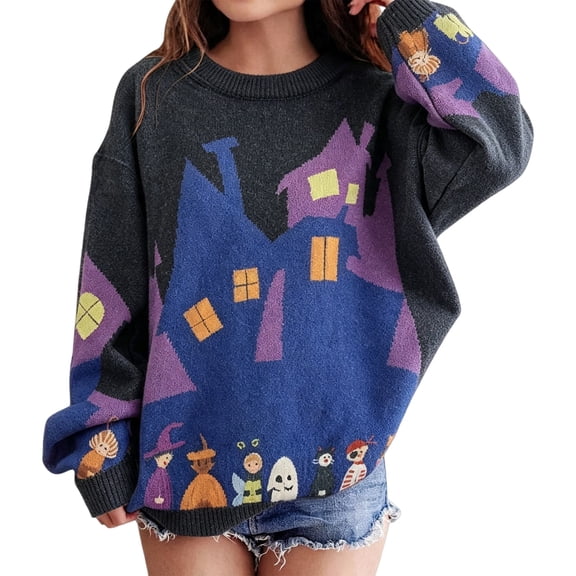 Mercatoo Kids Boys Girls Halloween Sweater Haunted House Knit Pullover Monster Graphic Top Girls Boys Spooky Crewneck Festive Fall Party Outfit