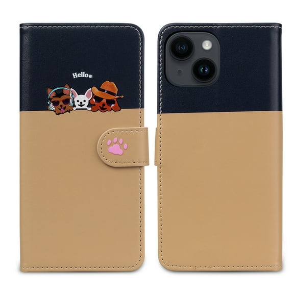 Feishell Cute Animal Pattern Wallet Phone Case for iPhone 15,Color Matching PU Leather Shockproof Magnetic Flip Stand Credit Card Slots Slim Phone Case with Wrist Strap,Khaki