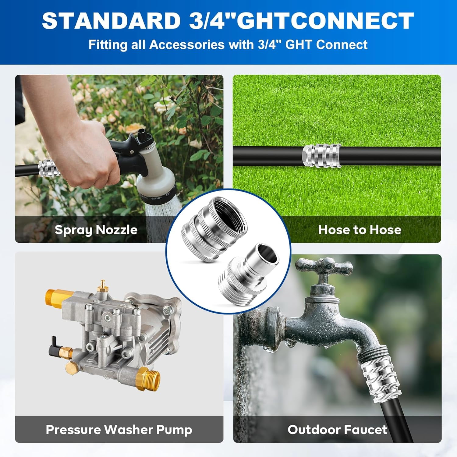 Quick Connect Hose Fittings 3/4 Inch GHT Garden Hose Quick Connect Set Stainless Steel Water Hose Fitting, 2 Pack