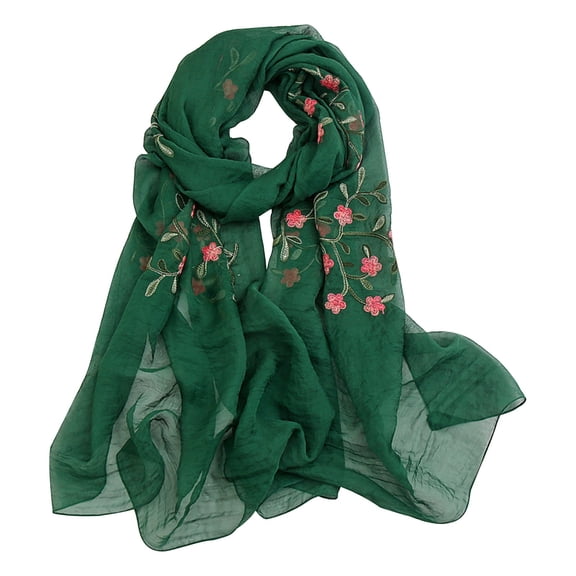 Silk Scarf Green Scarf Embroidery Chiffon Lightweight Summer Fall Fashion